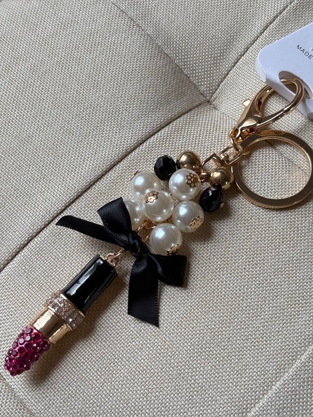 Pearl & Black Ribbon Lipstick Keychain Bag Charm